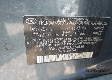 2016 Hyundai Sonata Se from USA, damaged, VIN 5NPE24AF8GH334686